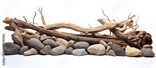 A collection of rocks and driftwood, including dry and rotten branches, arranged in a pile on a white background. The rocks and wood appear to be suitable for a campfire or decorative purposes.