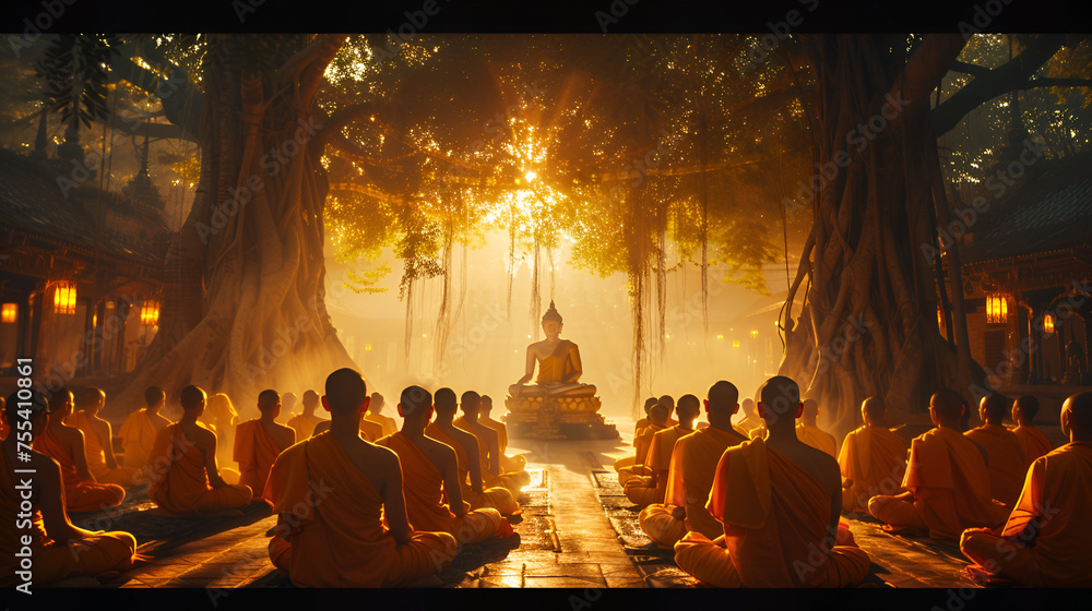 Buddhist Under the Tree, Group of monks around the tree with Yellow Light, Generative AI - obrazy, fototapety, plakaty 
