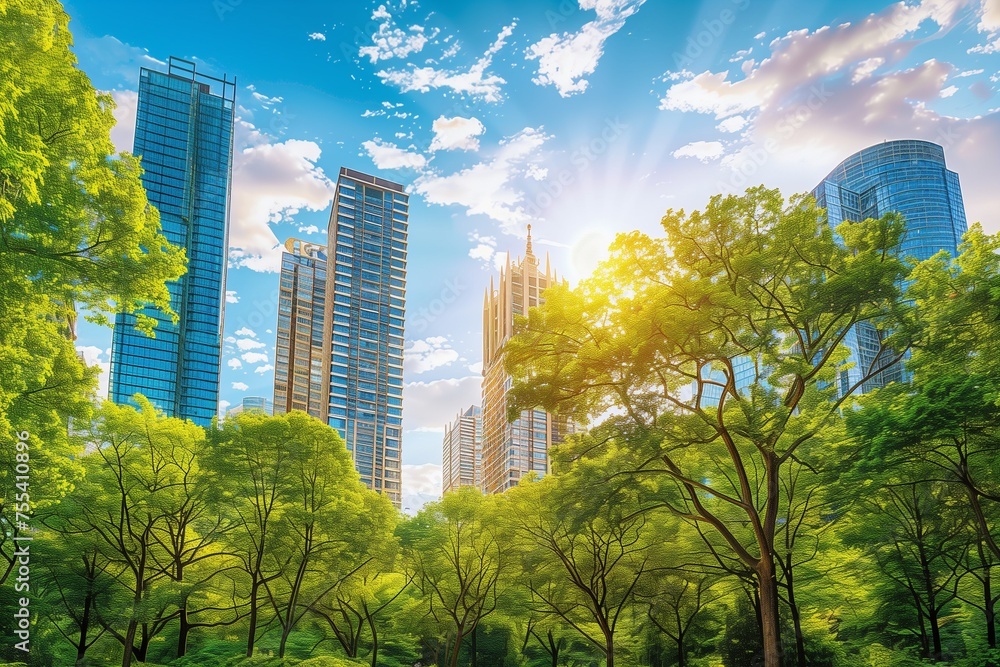 Obraz premium An image illustrating the concept of a smart city, with a focus on sustainability, technology, and community living. Generative AI