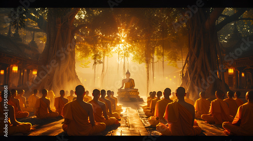 Buddhist Under the Tree, Group of monks around the tree with Yellow Light, Generative AI photo
