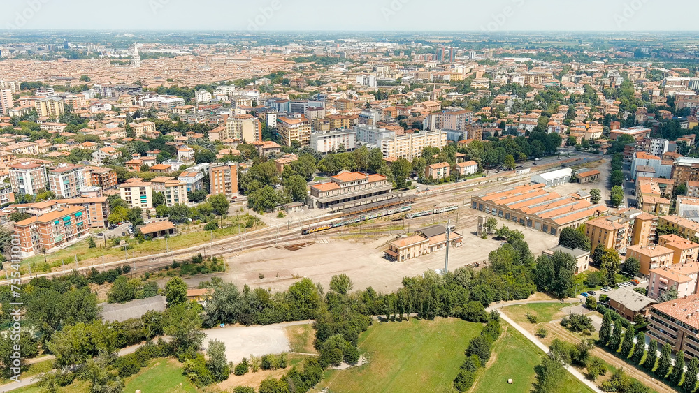 Modena, Italy. Modena Piazza Manzoni railway station. Historical Center. Summer, Aerial View