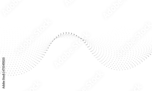 Flowing wave dot particles halftone pattern black gradient smooth curve shape isolated on transparent background. Digital future technology concept, science, banner, template, business, music