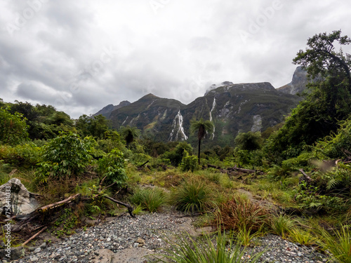 Spectacular views on Lush Native Forest and Waterfalls, Rainy Day Boat Cruise adventure in Milford Sound, New Zealand photo