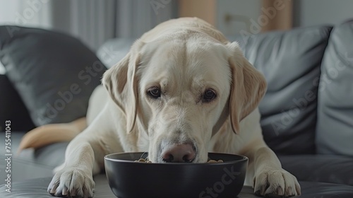 Dog Eating Out of Bowl on Couch