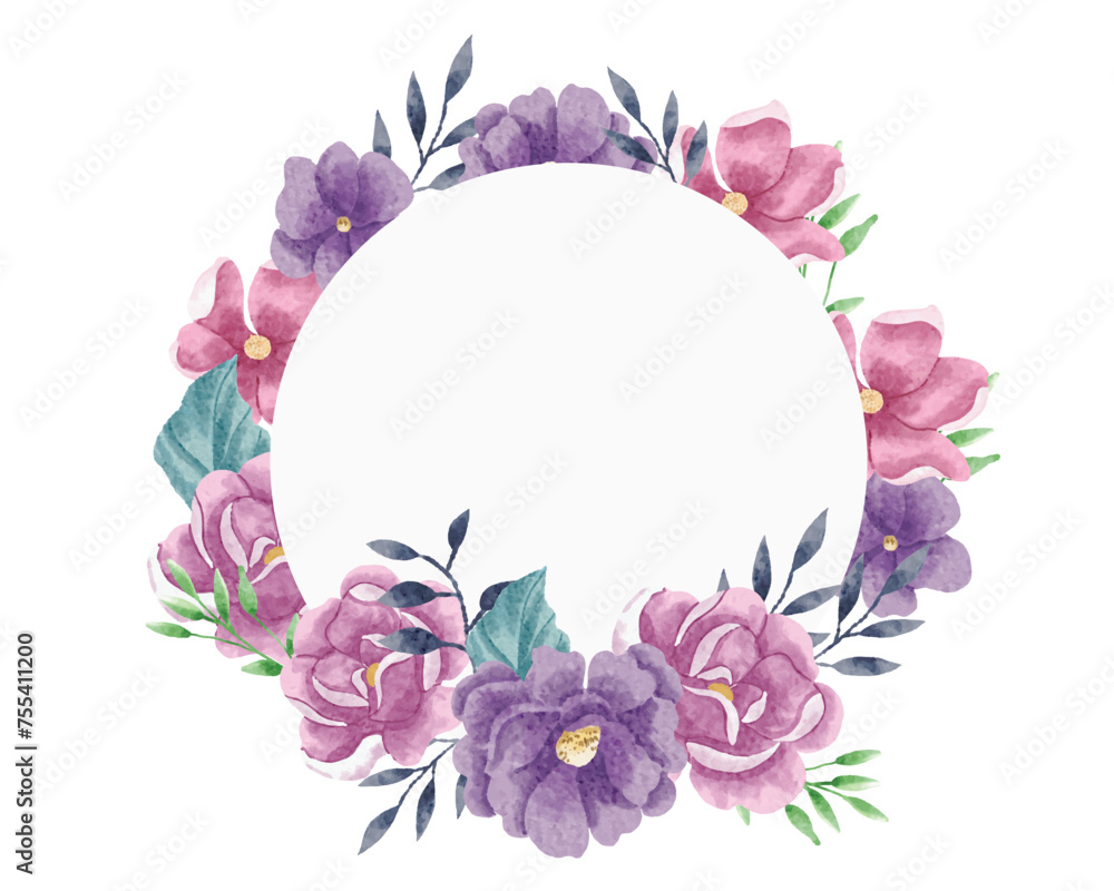 Purple and Pink Rose Watercolor Flower Wreath
