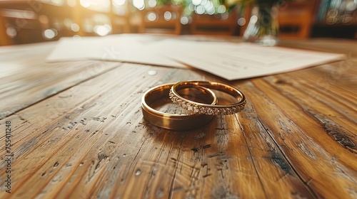 Two Wedding Rings on Wooden Table