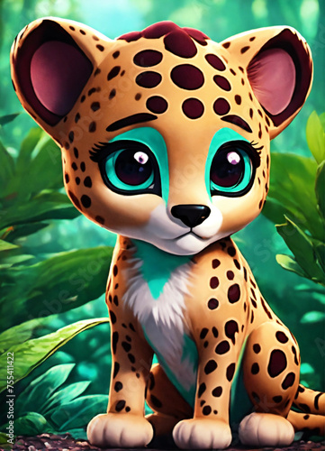 A cute and mint baby cheetah with big eyes in the gungle animenated cartoon unreal 10k photo