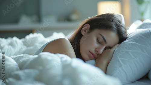A woman peacefully sleeps on a bed with white sheets covering her