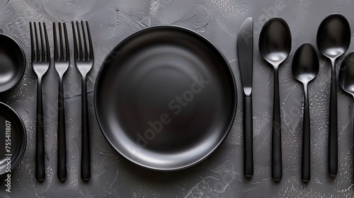 Table Set With Black Plates and Silverware