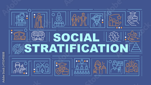 Social stratification dark blue word concept. Social status. Typography banner. Flat design. Vector illustration with title text, editable line icons. Ready to use. Arial Black font used