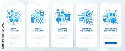 Precision fermentation steps blue onboarding mobile app screen. Walkthrough 5 steps editable graphic instructions with linear concepts. UI, UX, GUI template. Myriad Pro-Bold, Regular fonts used