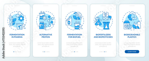 Fermentation usability blue onboarding mobile app screen. Walkthrough 5 steps editable graphic instructions with linear concepts. UI, UX, GUI template. Myriad Pro-Bold, Regular fonts used