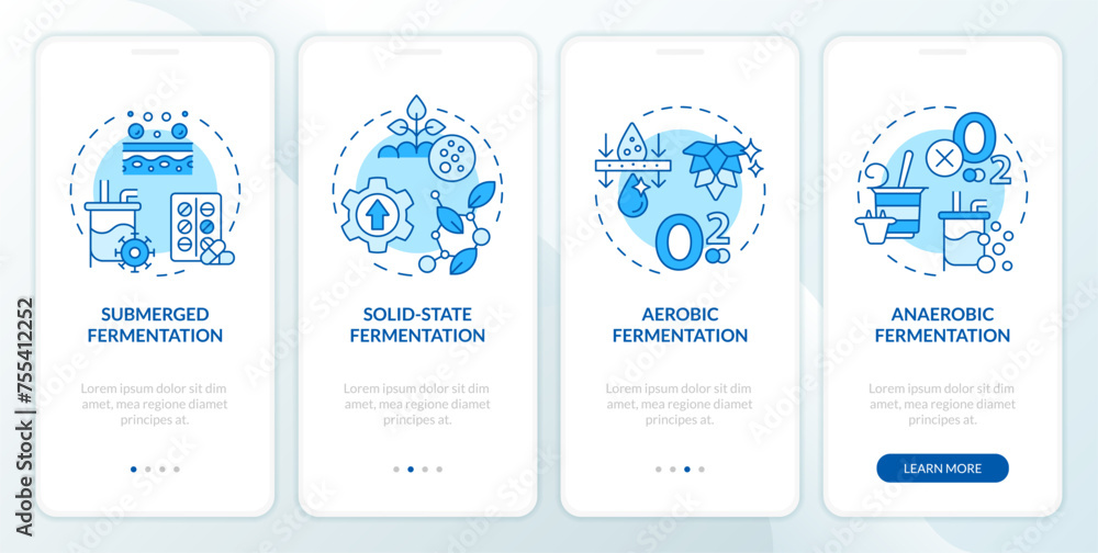 Fermentation processing blue onboarding mobile app screen. Walkthrough 4 steps editable graphic instructions with linear concepts. UI, UX, GUI template. Myriad Pro-Bold, Regular fonts used