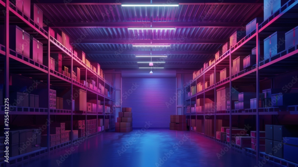 Detailed interior of a warehouse with boxes on racks, ventilation, and lighting. Isolated warehouse interior with goods on shelves. Realistic 3D modern illustration.