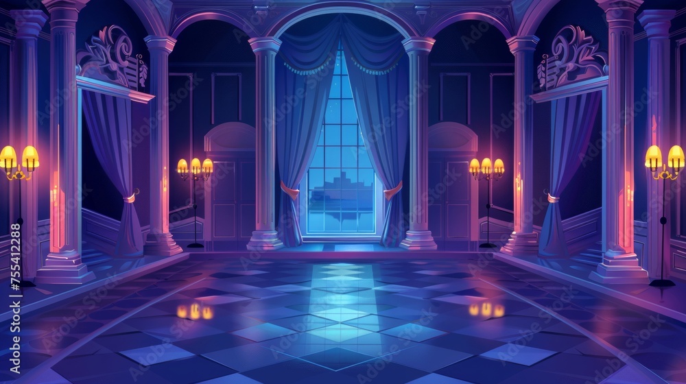 An empty palace hall, with glowing lamps, floor-to-ceiling windows, and curtains. Room with marble pillars, tiles, and antique architecture. Cartoon modern illustration.