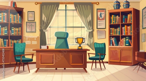 A school administrator's office with desks and chairs, a bookcase and display case with sport trophies. A modern cartoon of the empty interior of a school teacher's cabinet for chatting with pupils photo