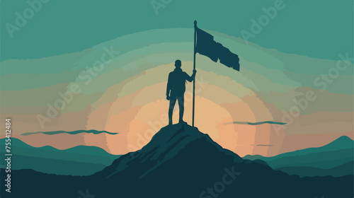 Silhouette of businessman hold a flag on top mountain