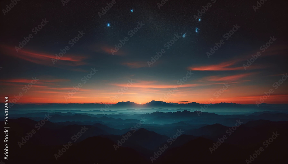 A serene landscape during twilight with distant mountains silhouetted against a fading sunset sky.
