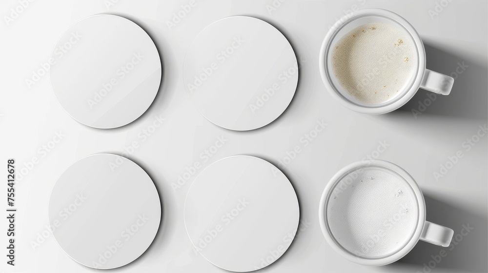 Beer coasters in different angles. Blank cardboard mat for cups and mugs. Circle and square beermats isolated on white. Beer coasters in different angles. Blank cardboard mat for cups and mugs. Circle and square beermats isolated on white.