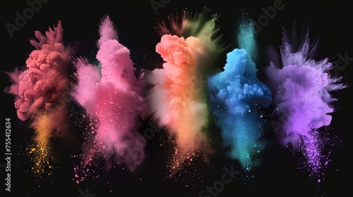 Splash of paint dust with particles. Modern realistic burst effect of colorful powder clouds isolated on transparent background.