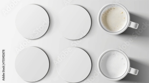 Beer coasters in different angles. Blank cardboard mat for cups and mugs. Circle and square beermats isolated on white. photo