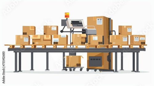 Modern realistic illustration of an automated production line with boxes in a factory, plant or warehouse.