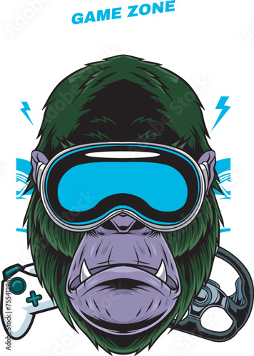 Vector Illustration of Gorilla wearing VR Glasses, Joystick and Game Steering Wheel with Vintage Hand Drawing Style Available for Tshirt Design