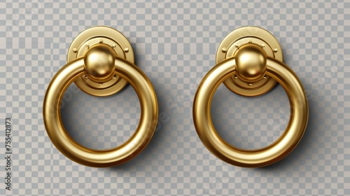 Gold door knocker handles, golden ring knobs, shiny vintage metal doorknobs, isolated on transparent background, 3D modern illustration, icon, clipart