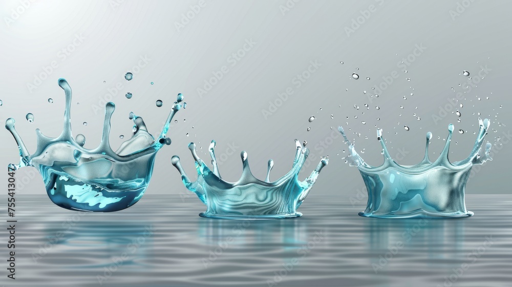 Water splash set. Dynamic motion 3d elements on transparent background with spray droplets in shape of a crown. Hydration ad illustration. Water splash set. Dynamic motion 3d elements on transparent background with spray droplets in shape of a crown. Hydration ad illustration.
