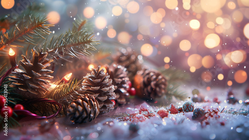 Blurred Christmas glitter bokeh background with pine tree branches  pine cones  red berries  Christmas balls.