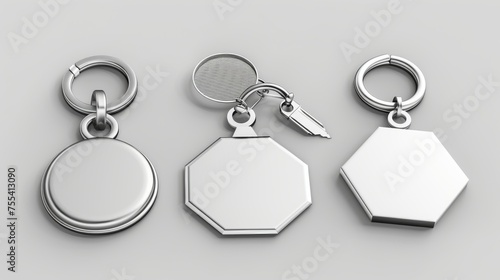 Mockup of a silver-colored accessory or souvenir pendant mock-up. Metal round, square and hexagon keychain holders isolated on white background. Realistic 3d modern illustration, icon, clip art. photo