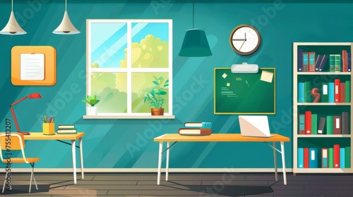 Classroom interior with empty desk  laptop  green blackboard with protractor  clock hanging on wall and books cupboard. Cartoon modern illustration.