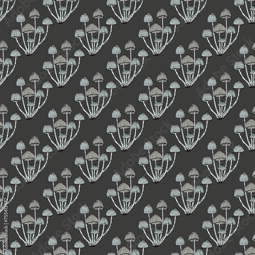 Seamless pattern with Inky cap or tipplers bane (Coprinopsis atramentaria), edible mushroom