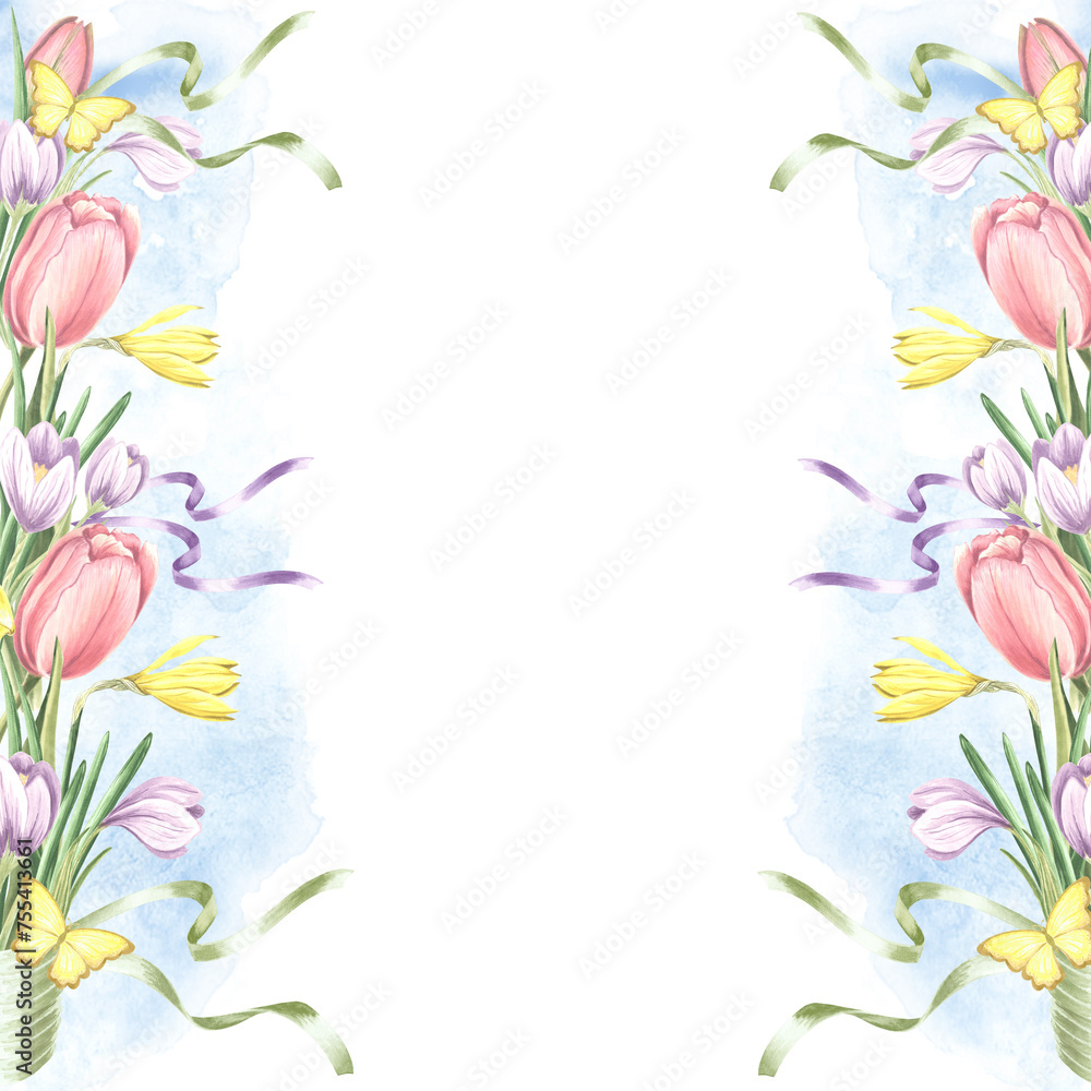 Postcard template with tulips, crocuses and daffodils flowers, butterflies and watercolor stains. Background watercolor frame with copy space. Isolated hand drawn illustration for invitation, card.