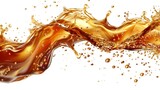 Stream of liquid brown effervescent water, sparkling cola, soda, cold champagne with bubbles. Modern realistic illustration of fizzy drink, champagne, cold carbonated beverage isolated on white