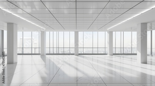 Realistic 3D modern illustration of an empty office with large windows in the ceiling and floor. Modern city architecture with white interior design.