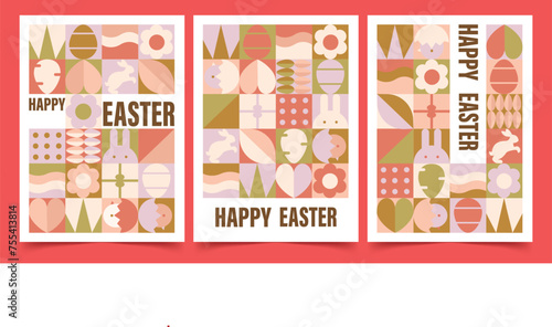 Happy Easter Patterns set. Modern geometric abstract style. Perfect for a poster, cover, or postcard, flat vector illustrations