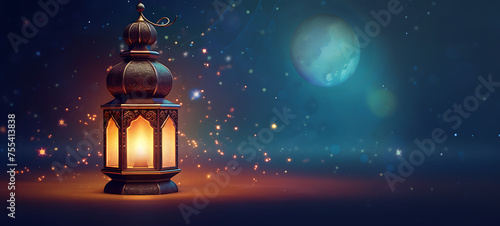 Arabic ramadan lantern with burning candle 