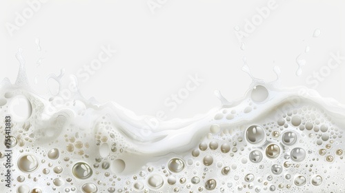 The white foam from soap is isolated on a transparent background, along with the bubbles and seamless border. Waves in the sea or ocean, laundry detergent spume, realistic 3D modern illustration. photo