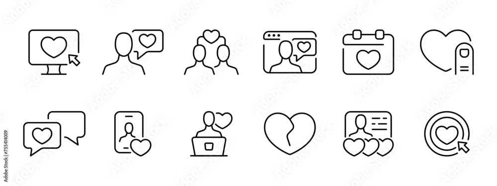 Dating app set icon. Sympathy, choice, mutual sympathy, dating site, planned date, correspondence, communication on the Internet, broken heart, a large number of likes. Vector line icon. Dating app set icon. Sympathy, choice, mutual sympathy, dating site, planned date, correspondence, communication on the Internet, broken heart, a large number of likes. Vector line icon.