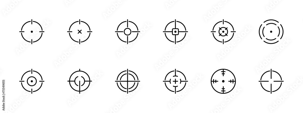 Sight set icon. Sight, hit marker, scope, range marking, crosshair, dot. Vector line icon on white background.