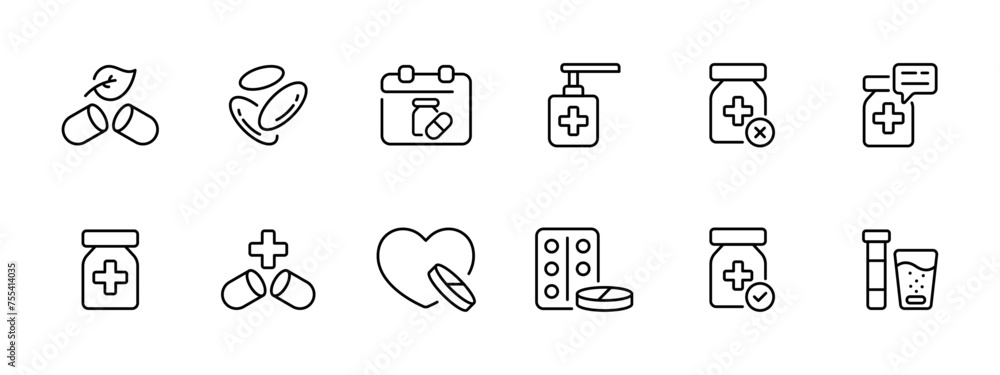 Pills set icon. Natural products, red blood cells, medication schedule, cream, ointment, product description, heart pills, radiation pills, antibiotics, medicine. Vector line icon.