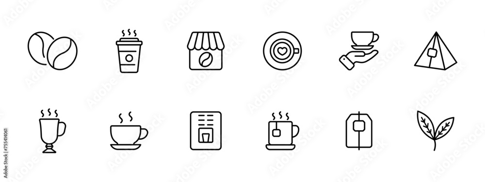 Coffee set icon. Coffee beans, glass and cup of coffee, coffee shop, serve, tea bag, hot drink, menu, mug, foliage, mulled wine. Bistro, cafe concept. Vector line icon on white background. Coffee set icon. Coffee beans, glass and cup of coffee, coffee shop, serve, tea bag, hot drink, menu, mug, foliage, mulled wine. Bistro, cafe concept. Vector line icon on white background.