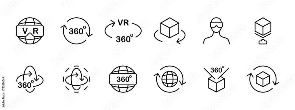 VR set icon. Virtual reality helmet, 360 degrees, full coverage, freedom of movement, VR zone, augmented reality. The concept of VR technologies and services related to them. Vector line icon. VR set icon. Virtual reality helmet, 360 degrees, full coverage, freedom of movement, VR zone, augmented reality. The concept of VR technologies and services related to them. Vector line icon.