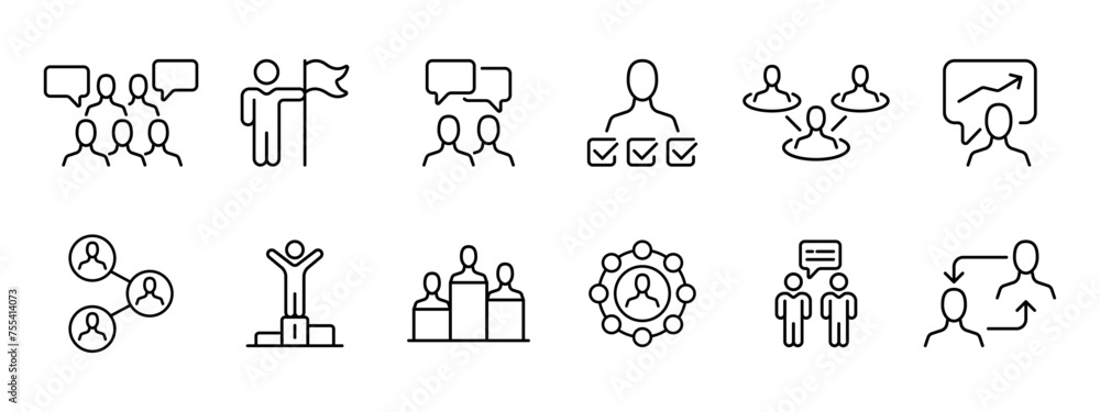 Set icon command. Community, discussion, chapter, communication, elections, decentralization, charts, leader, rating, change of predecessor. Society, choice of head concept. Vector line icon. Set icon command. Community, discussion, chapter, communication, elections, decentralization, charts, leader, rating, change of predecessor. Society, choice of head concept. Vector line icon.
