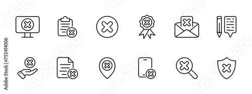 Failure set icon. Blocked sites, files, denial of verification, refusal to send sheets, notepad, refusal to provide services, protection. Vector line icon on white background.