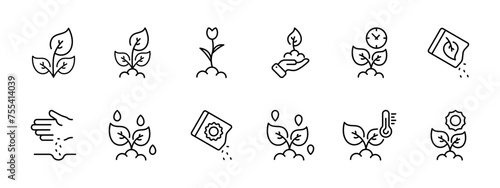 Plants set icon. Plant and its transmission, sprout, flower, waiting for growth, seeds, sowing, watering, lighting, temperature. Agricultural business concept. Vector line icon on white background.