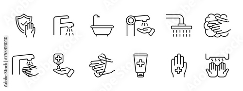 Washing set icon. Disinfection, water tap, bath, bathing, soaping and washing hands, medical hand creams and oils, drying hands. Healthcare concept. Vector line icon on white background.