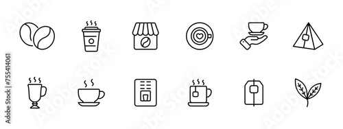 Coffee set icon. Coffee beans, glass and cup of coffee, coffee shop, serve, tea bag, hot drink, menu, mug, foliage, mulled wine. Bistro, cafe concept. Vector line icon on white background.