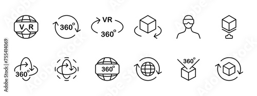 VR set icon. Virtual reality helmet, 360 degrees, full coverage, freedom of movement, VR zone, augmented reality. The concept of VR technologies and services related to them. Vector line icon.